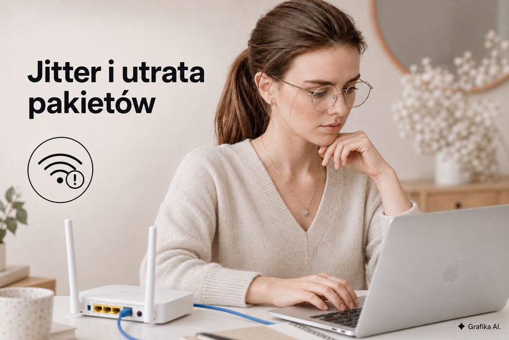 Kobieta przy laptopie diagnozująca domową sieć z routerem i przewodem Ethernet.