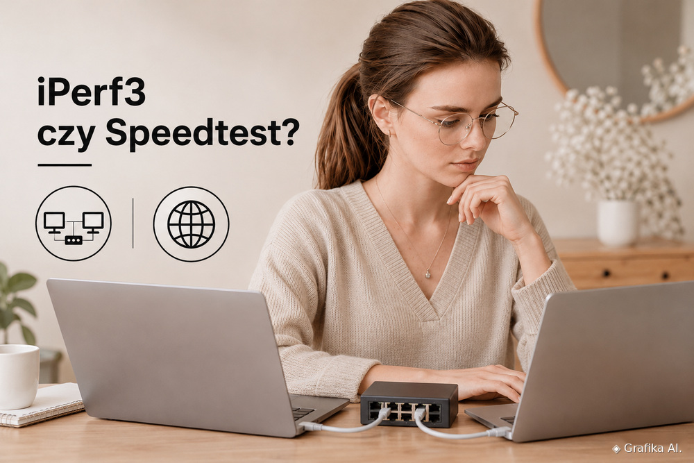 Kobieta testująca sieć lokalną z dwoma laptopami podłączonymi do switcha.