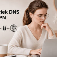 Kobieta przy laptopie sprawdzająca wyciek zapytań DNS podczas korzystania z VPN.